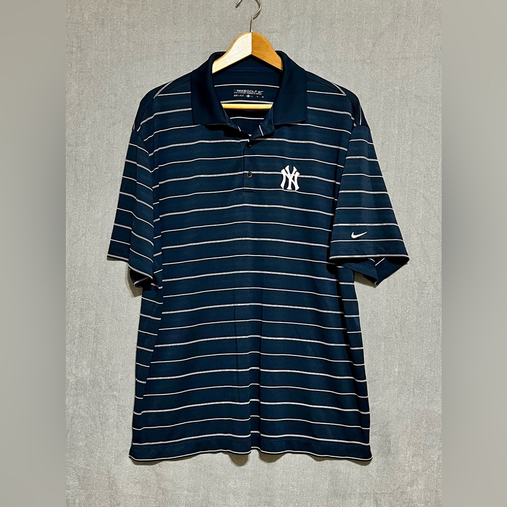 Nike Golf DRI-FIT Navy Striped Polo with White New York Yankees Logo - Picture 7 of 7